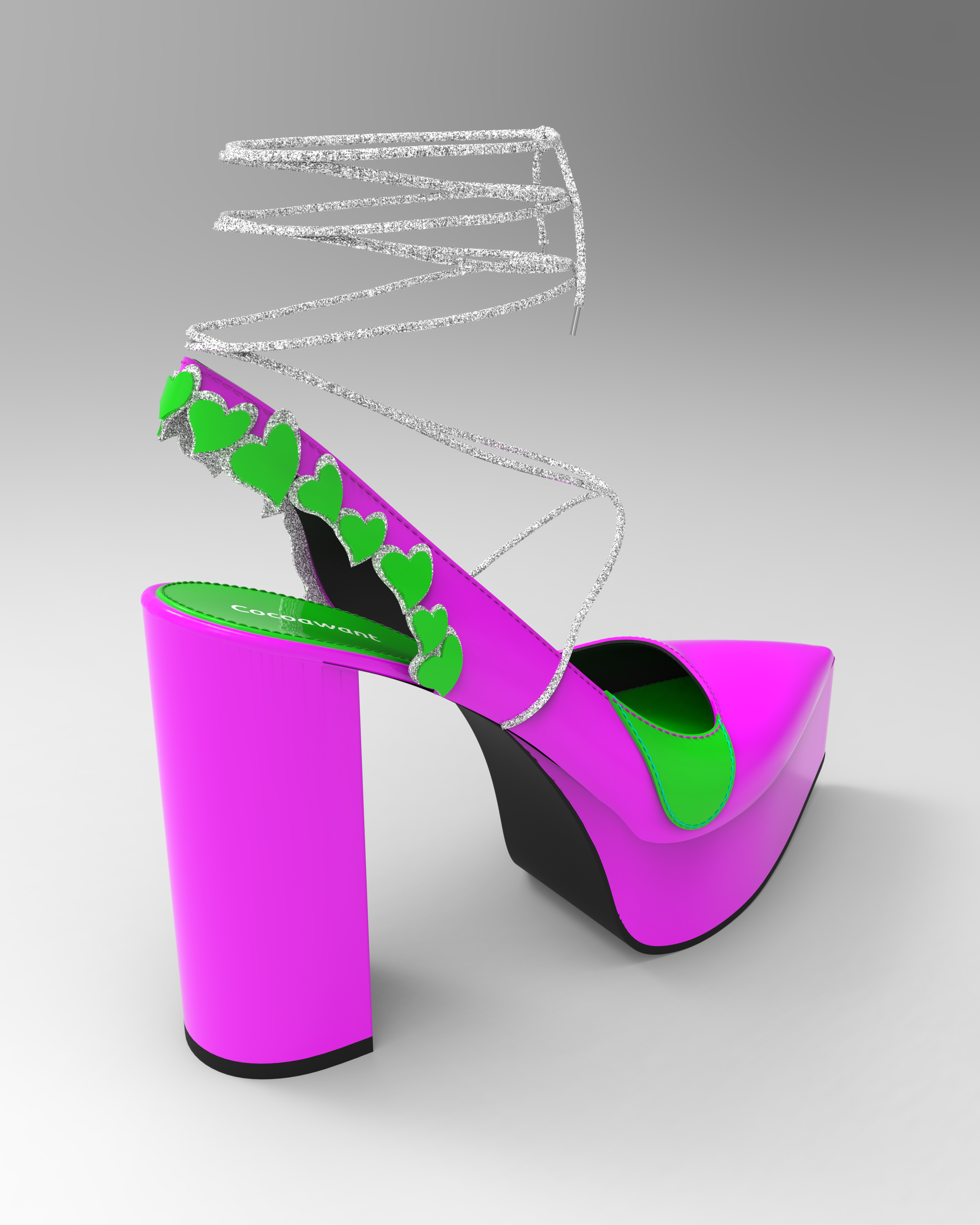 CocoLove, render della calzatura rosa e verde progettata da Cocoawant